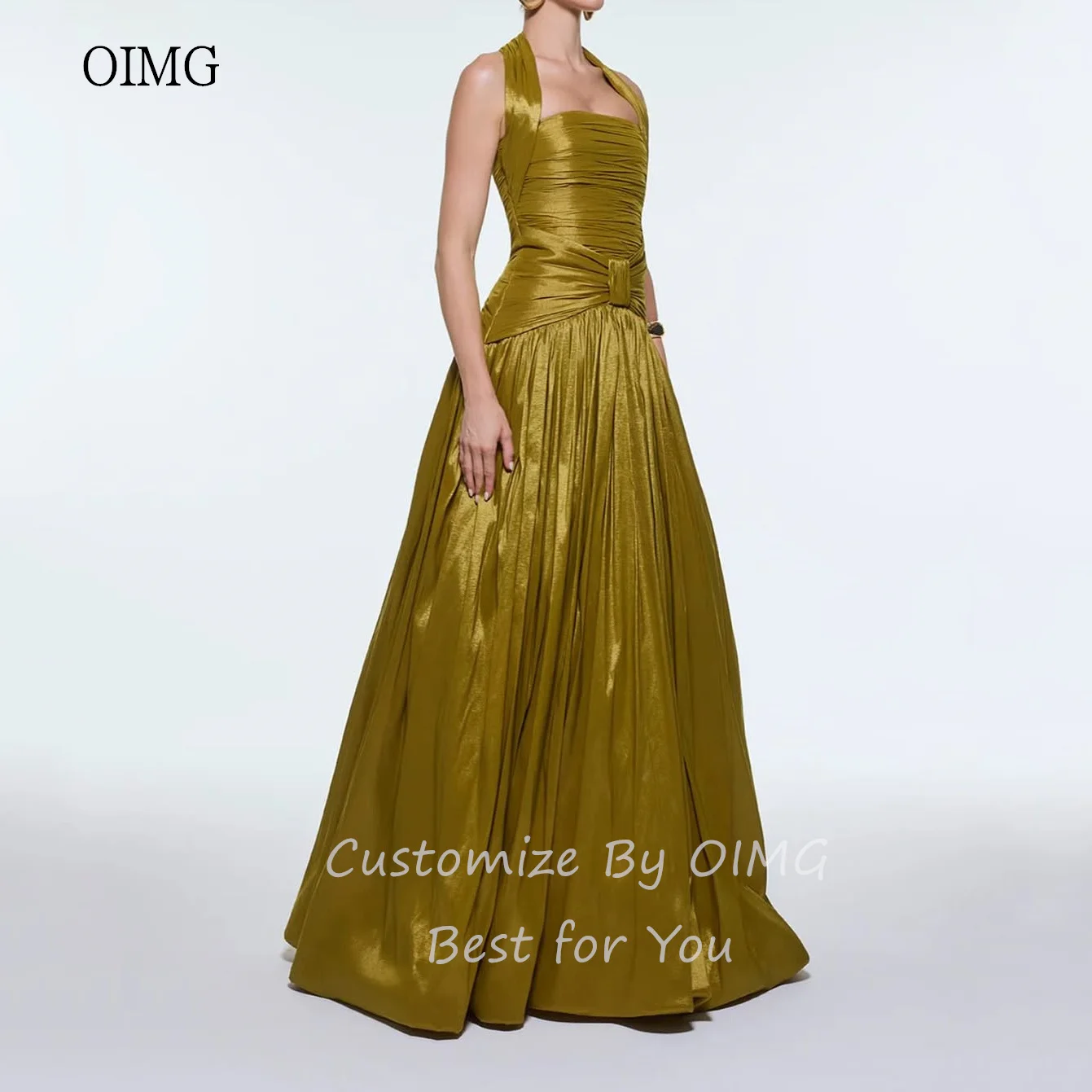 OIMG Glanzende Halter A-lijn Prom Jassen Backless Geplooide Formele Feestjurk Saudi Vloerlengte Avondjurk Aangepast