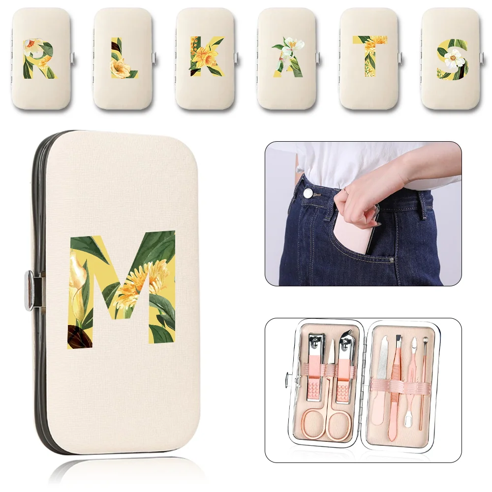 7Pcs Pocket PU Manicure Set Case Portable Pedicure Kit Stainless Steel Nail Clippers Care Tool Organizer Floral Letter Pattern