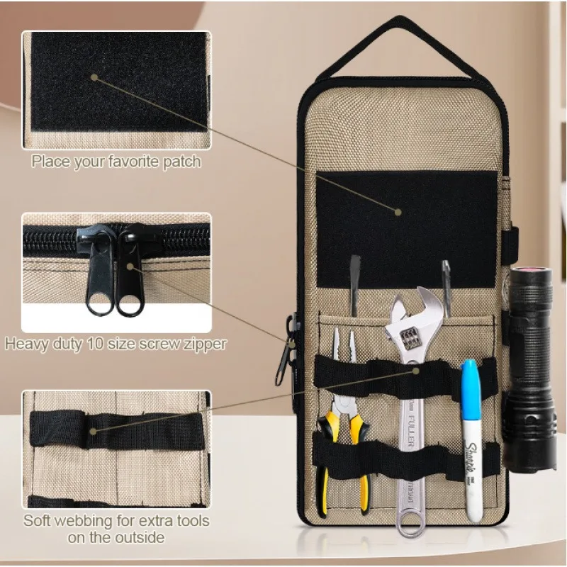 Sac à outils robuste, organisateur d'outils tactique, sac portable pratique multi-poches avec mousqueton et cordon rétractable