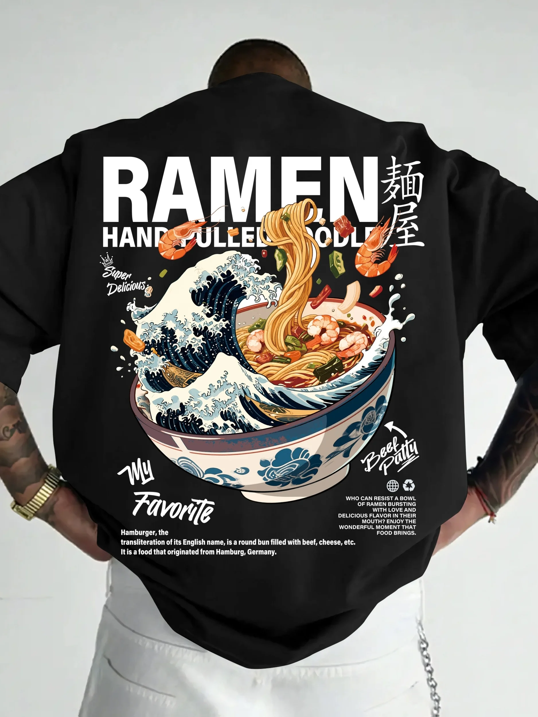 Camiseta Casual de Verano para Hombre, Estilo Urbano, con Estampado de Ondas Japonesas y Ramen, Apta para Uso Diario, 100% Algodón Puro, Material Suave