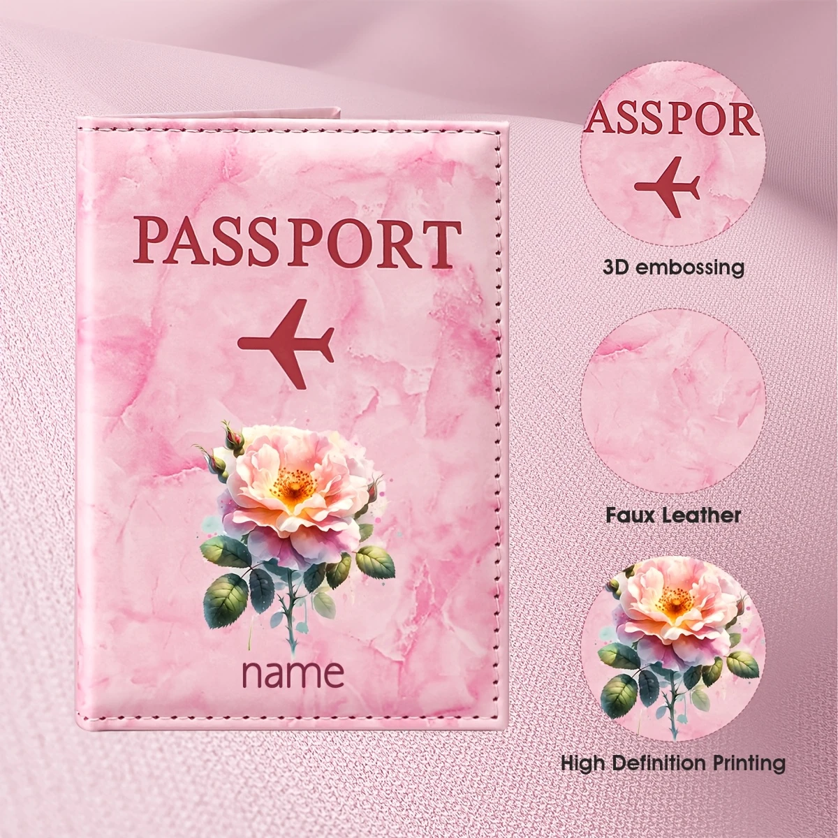 Travel Accessories Pink - Custom Name Pink Rose Floral Watercolor