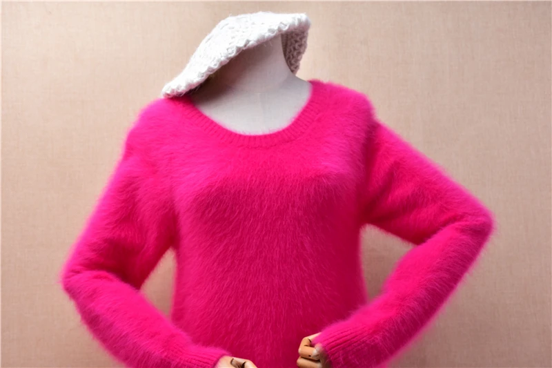 Ladies Women Autumn Winter Beading Pull Rose Hairy Mink Cashmere Knitted O-Neck Long Sleeves Slim Long Sweater Dress Jumper Top