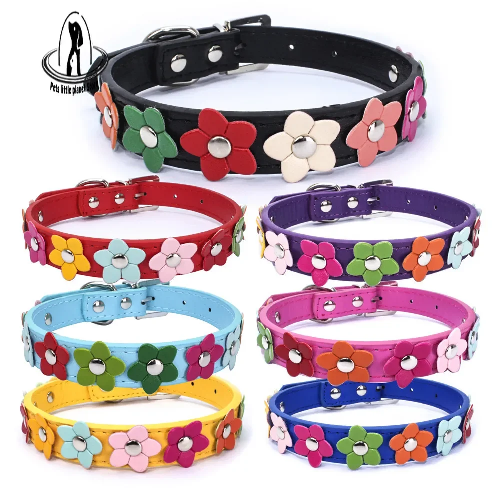 Flowers Pet Dog Collar Leash PU Leather Cat Chain Neck Strap for Small Middle Large Animal Teddy Chihuahua Pug dog collar