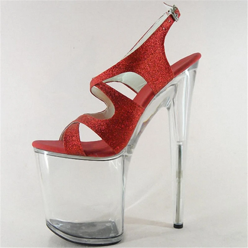 Women's Glitter Silver Crystal Heel Sandals 20CM Ultra High Thin Heels Open Toe Pumps Ankle Strap Stage Performance Party Shoes