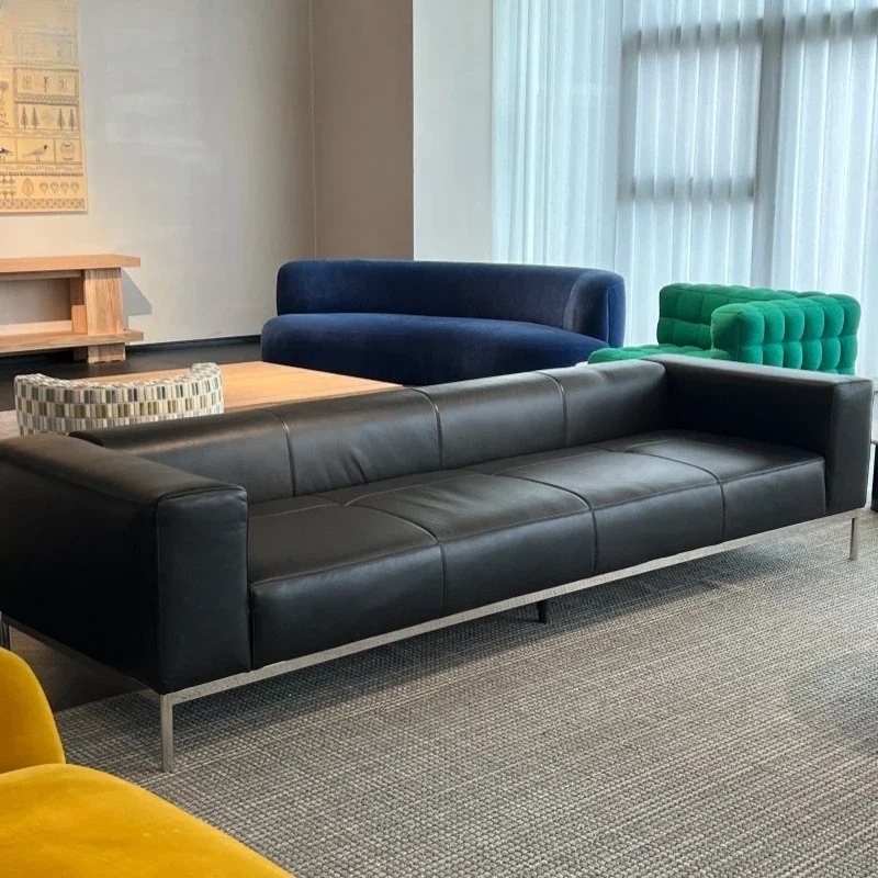 

Inline row of multi-seat oil wax leather sofa office store conference room black jazz sofa