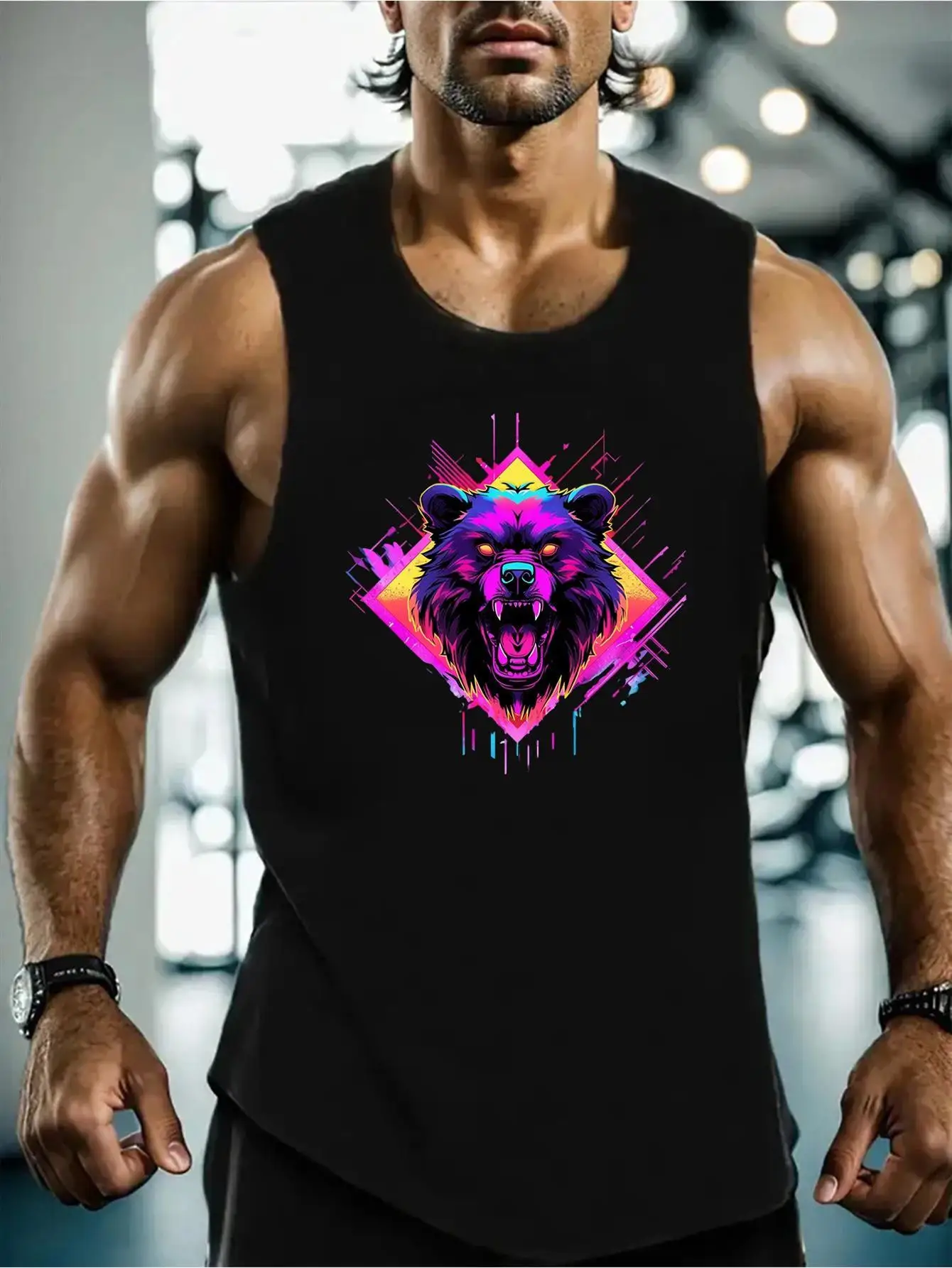 Men's retro 80s-90s steampunk aesthetic color bear print t-shirt - breathable stretch sleeveless shirt