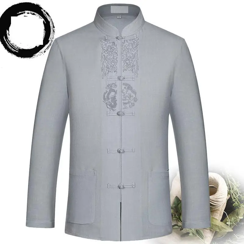 

Spring Summer Men Cotton Linen Embroidery Tai Chi Clothing Male Long Sleeve Tang Suit Chinese Traditional Kung Fu Wushu