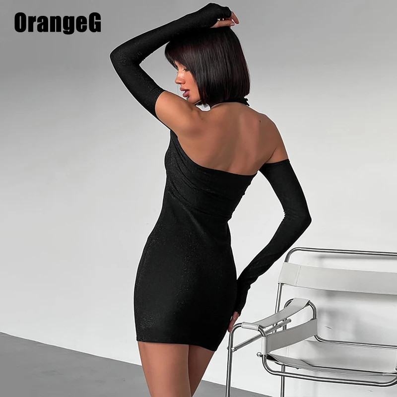 OrangeG Sparkle Choker Necklace Off Shoulder Sheath Mini Dress Women Strapless Bodycon Solid Shine Sexy Glitter Outwear Tide