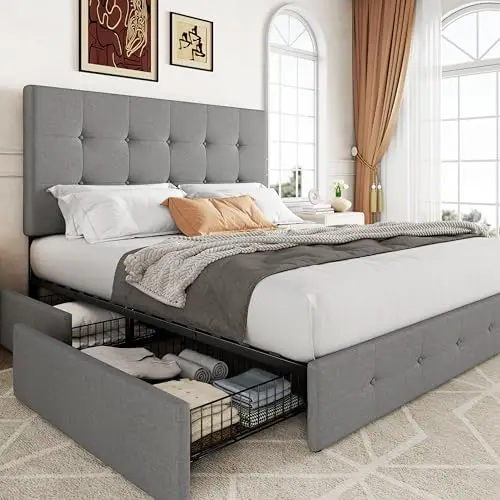 Upholstered Queen Size Platform Bed Frame with 4 Storage Drawers and Headboard, Square Stitched Button Tufted, Mattress
