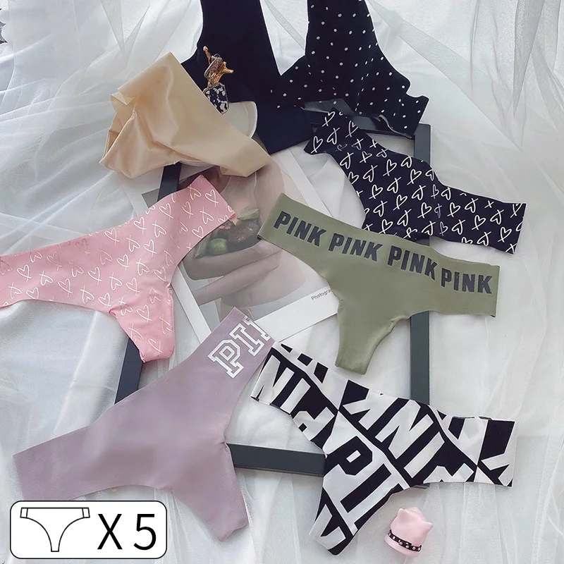 5Pcs Sexy Women G String Underwear Panties Seamless Letter PINK Thongs Briefs Soft Heart Lingerie Low Waist Lady Girls Thong