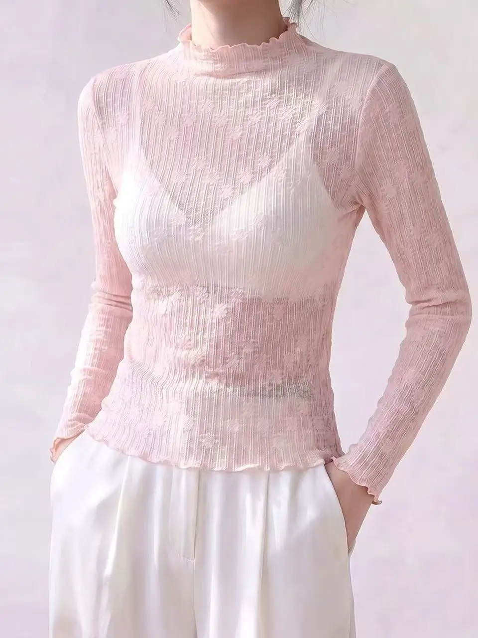 Pink Long Sleeve Lace Base Shirt Women's Autumn Winter Layering Beautiful Wood Grain  Slim Mesh Top Skin-friendly Breathable