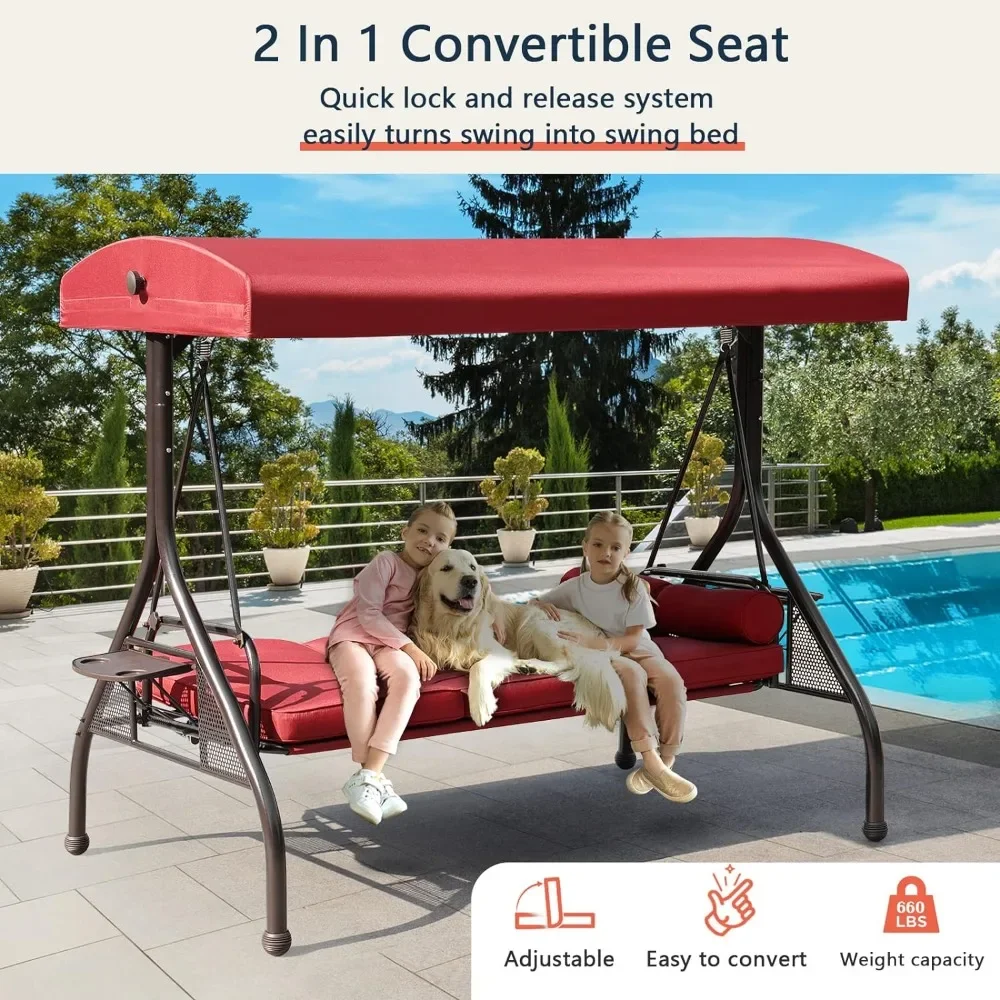 Patio Porch Swing, 3-Seat Outdoor Swing with Adjustable Canopy, Thickened Cushion, Pillow and Foldable Side Tray for Patio,