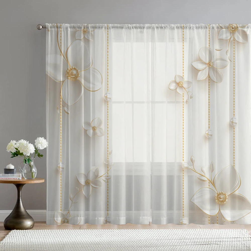 

2Pcs Gold Chain Pearl White Flower Print Home Decoration Window Screens Suitable For Coffee Shops, Restaurants, Bedrooms