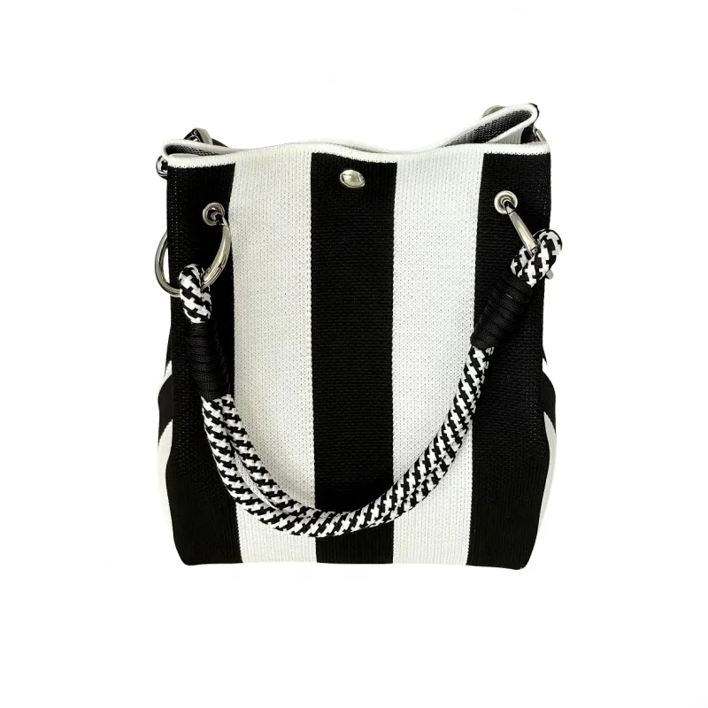 

Black White Striped Knitted Tote Bag Casual Large Capacity Bucket Handbag Purse