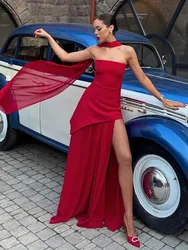 TARUXY Strapless Slit Long Dress With Ribbon Female Sleeveless Mesh Elegant Beach Vacation Dress 2025 Spring New Women Dress