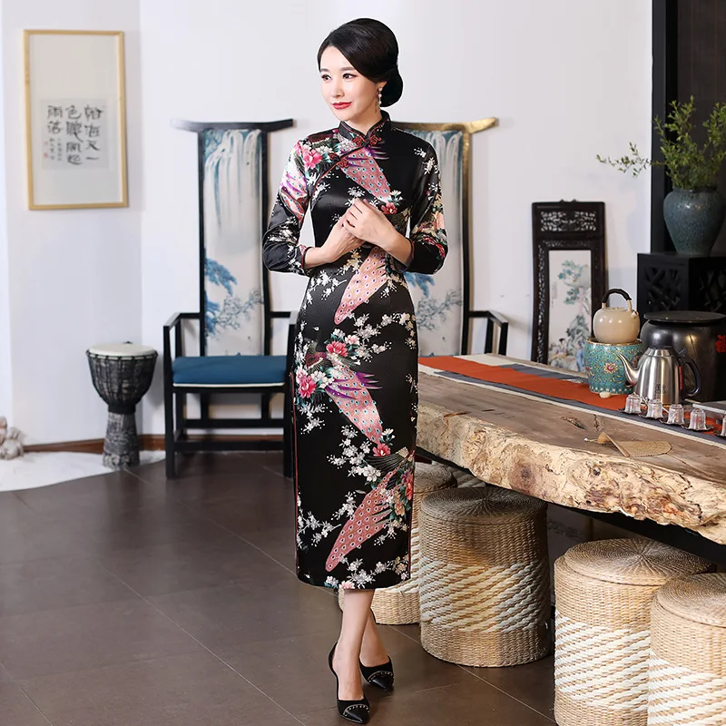 

Chinese Style Autumn New Multicolor Peacock Pattern Long Qipao Silk Satin Large Retro Slim Fit Banquet Cheongsam