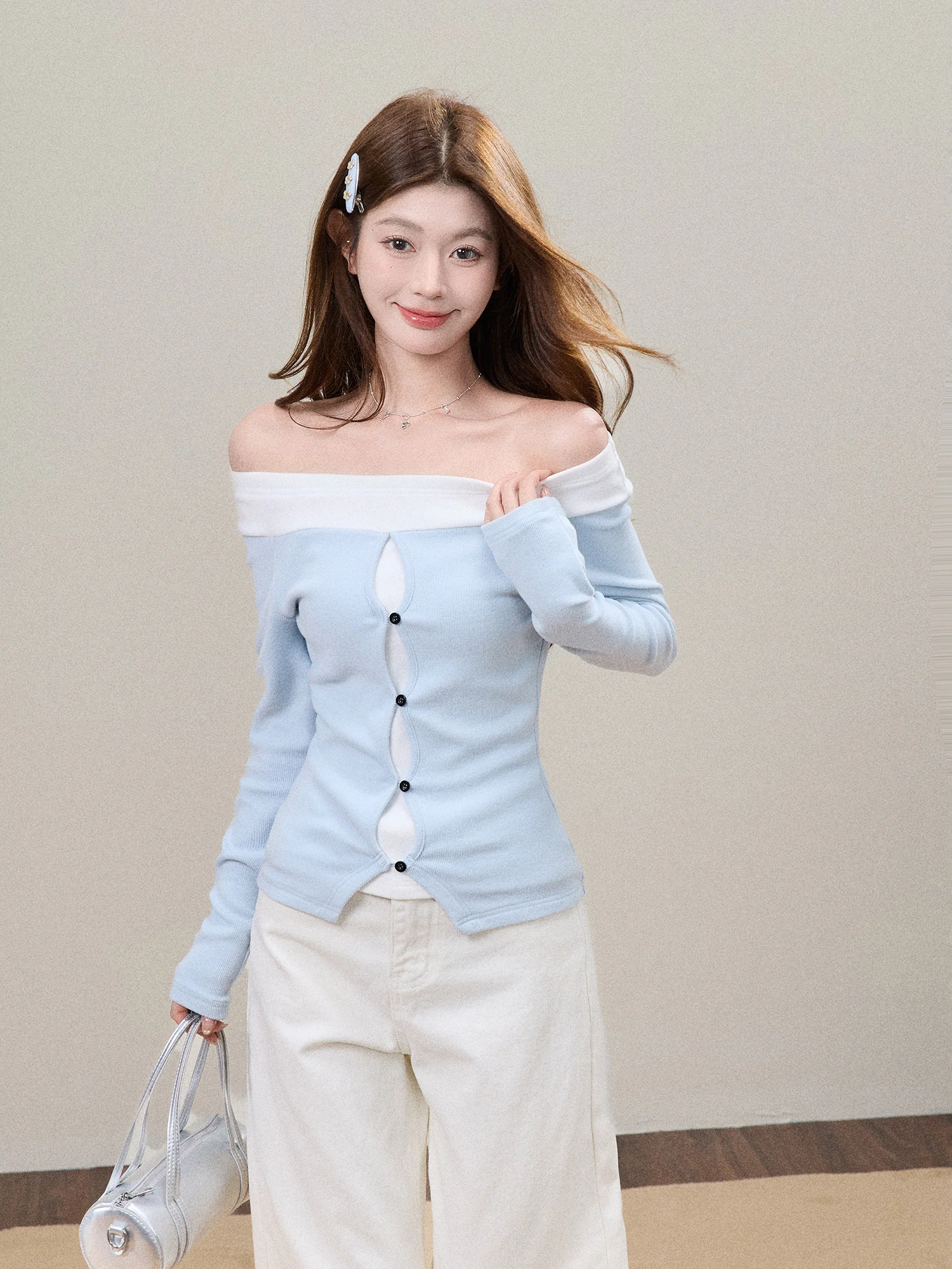 

Swee Blue Long Sve Knitted irt Women's Base Layer Slimming Top oulder Bared Sli Girl's Faion Warm Outerwear