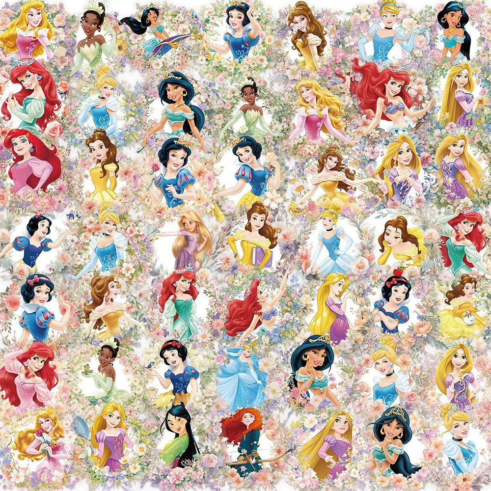 50pcs Cute Disney Princess Flowers Aesthetic Stickers Rapunzel Snow White Ariel Cartoon Sticker Luggage Phone Transparent Decals - view 2