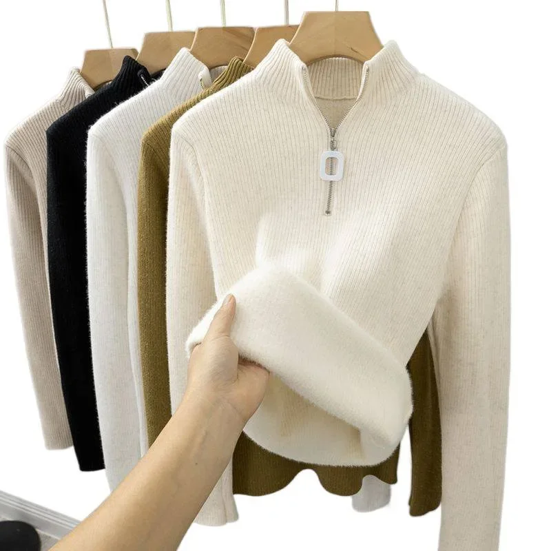 レディース一体型ベルベット冬用暖かいジッパー付きニットベースシャツ厚手ハーフハイカラーフリース裏地付きニットセーター