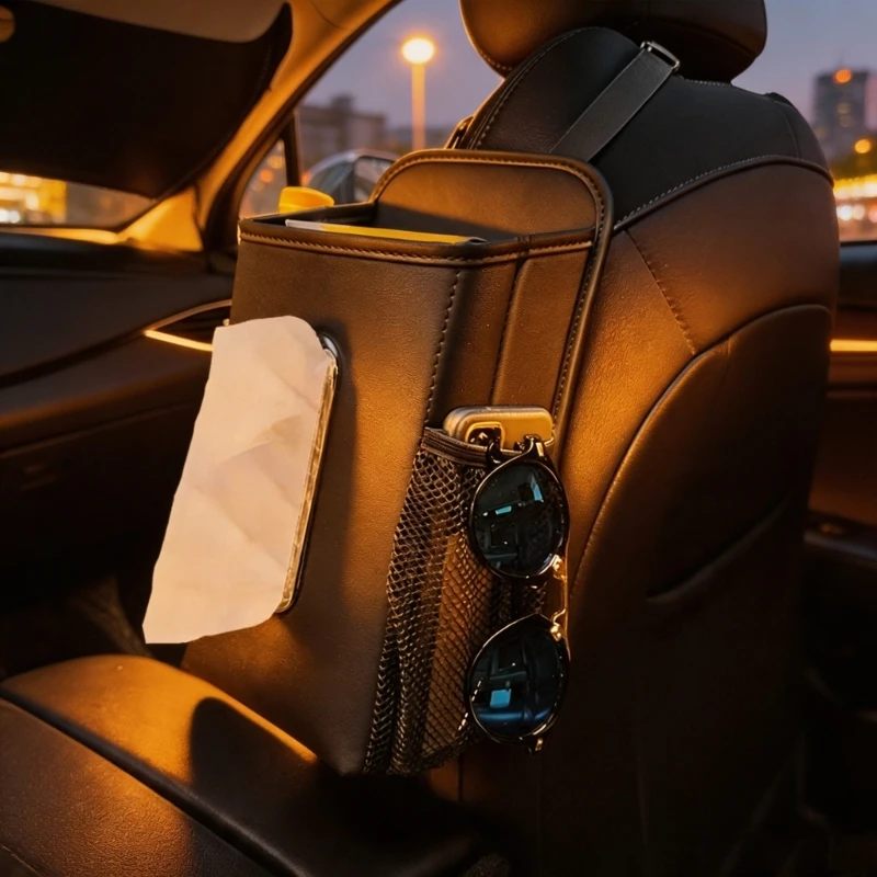 M76E Auto-Taschentuchtasche mit Netzfachaufbewahrung und vorderem Zugschlitz, hängende Sitztasche für Fahrer und Familie für den – Detail 1