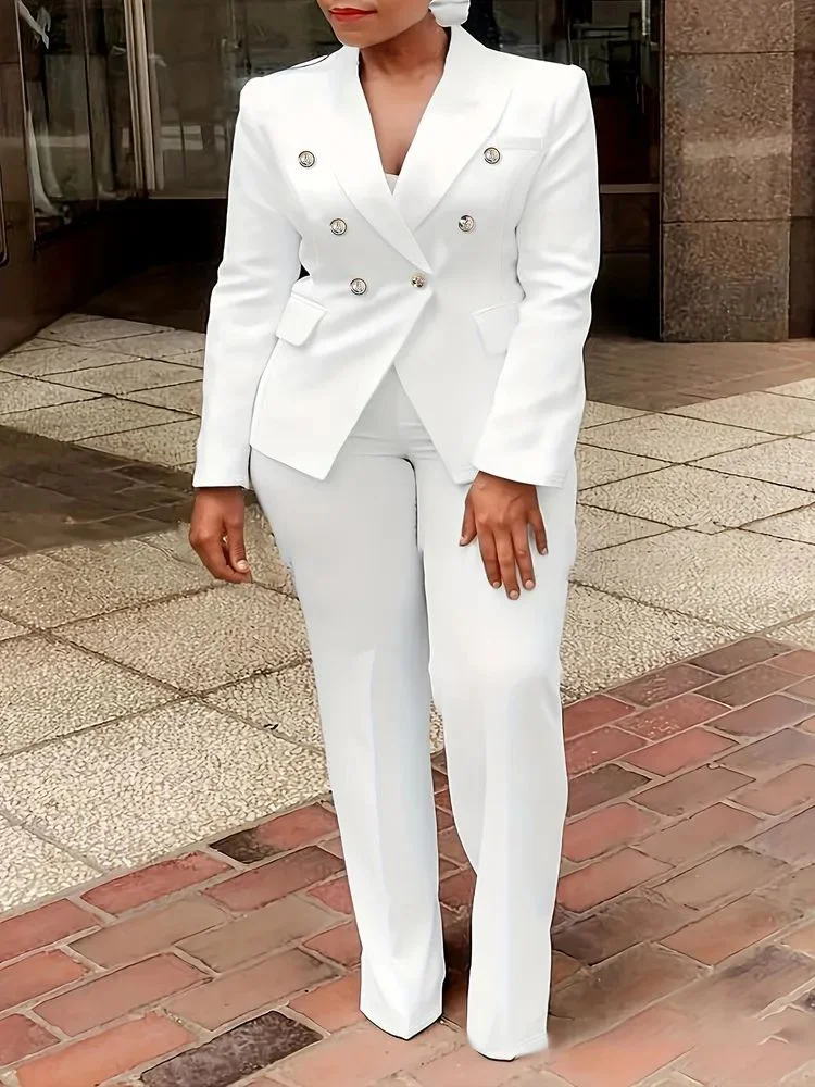 أنيقة مكتب سيدة زائد حجم دعوى قطعتين مجموعة مزدوجة الصدر طويلة الأكمام محززة طوق الصلبة عارضة الخريف مطابقة مجموعة #1