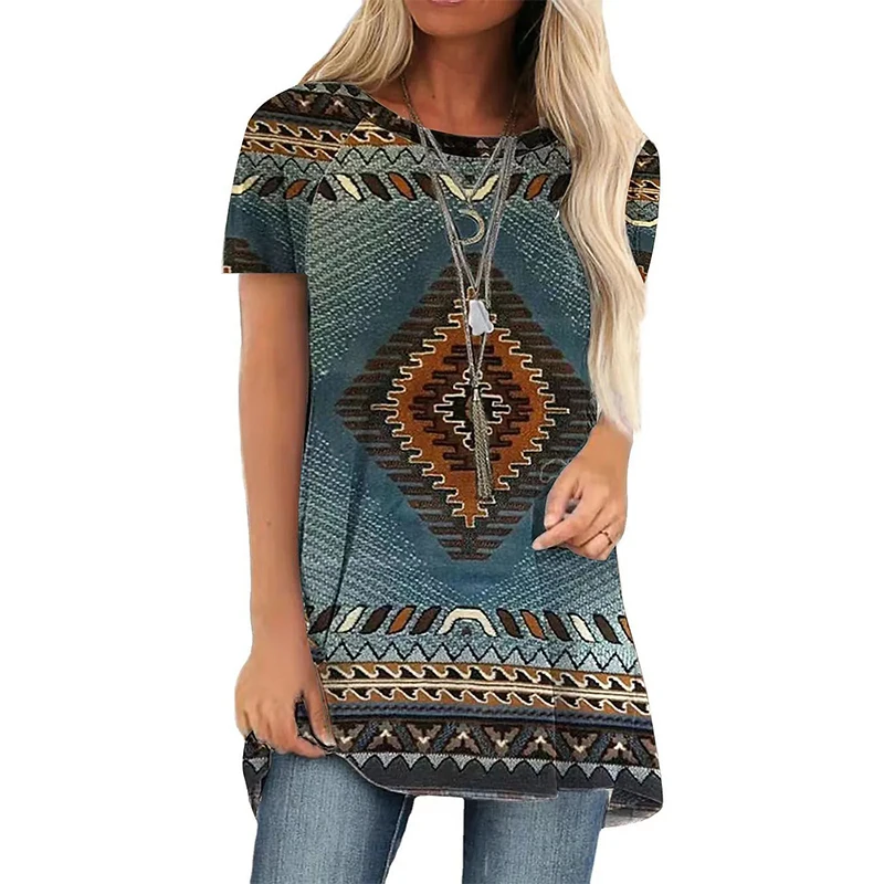 Zachodni etniczny styl T-shirt 3D nadruk geometria Streetwear kobiety Retro tunika T-shirty Y2K topy Tees kobieta dziewczyna szeroka odzież — zdjęcie 6