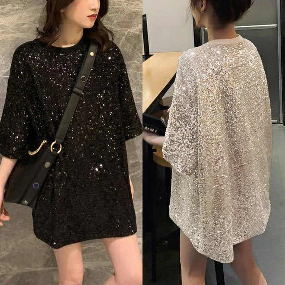 Women Blouses, Loose Fit, Plus Size, Sequin Embroidery, Fivepoint Sleeve, Casual Style, 35%Cotton+65%Polyester