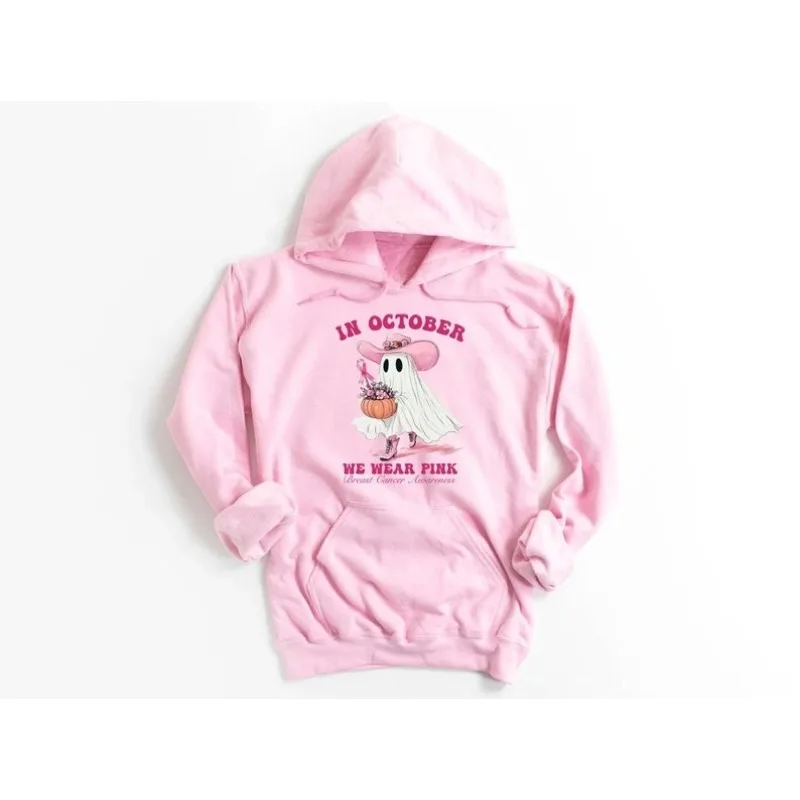 في أكتوبر، نرتدي هوديي شبح وردي للهالوين، شريط للتوعية بسرطان الثدي، كاجوال بأكمام طويلة، بلوفر أساسي