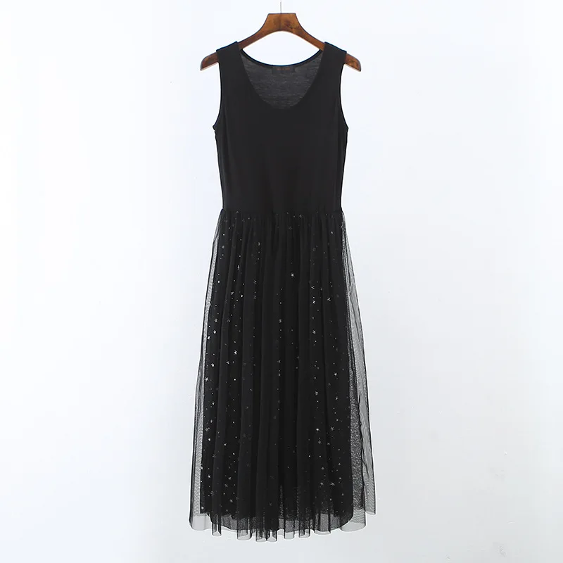 New Summer Star Sequined Mesh Dress Women Sweet Modal Tank Lace Dresses Female A Line Large Hem Bottom Spaghetti Strap Vestidos