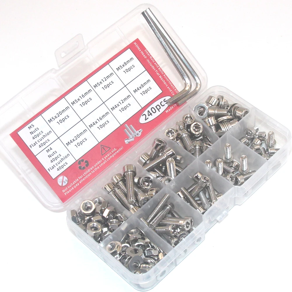 240Pcs M4 M5 Hex Socket Head Cap Screws,304 Stainless Steel Hex Socket Head Cap Screws Bolts Nuts Washers Assortment Kit