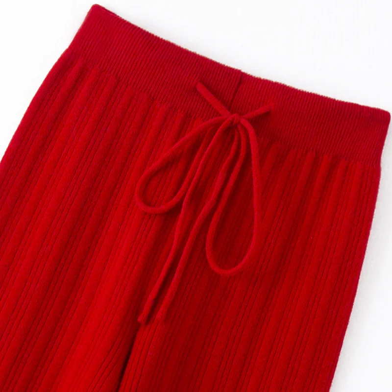 Addonee Women Thick Pure Color Wide Leg Pants Office Lady 100% Merino Wool Knitted Trousers Autumn Winter Warm Draw strips Pants