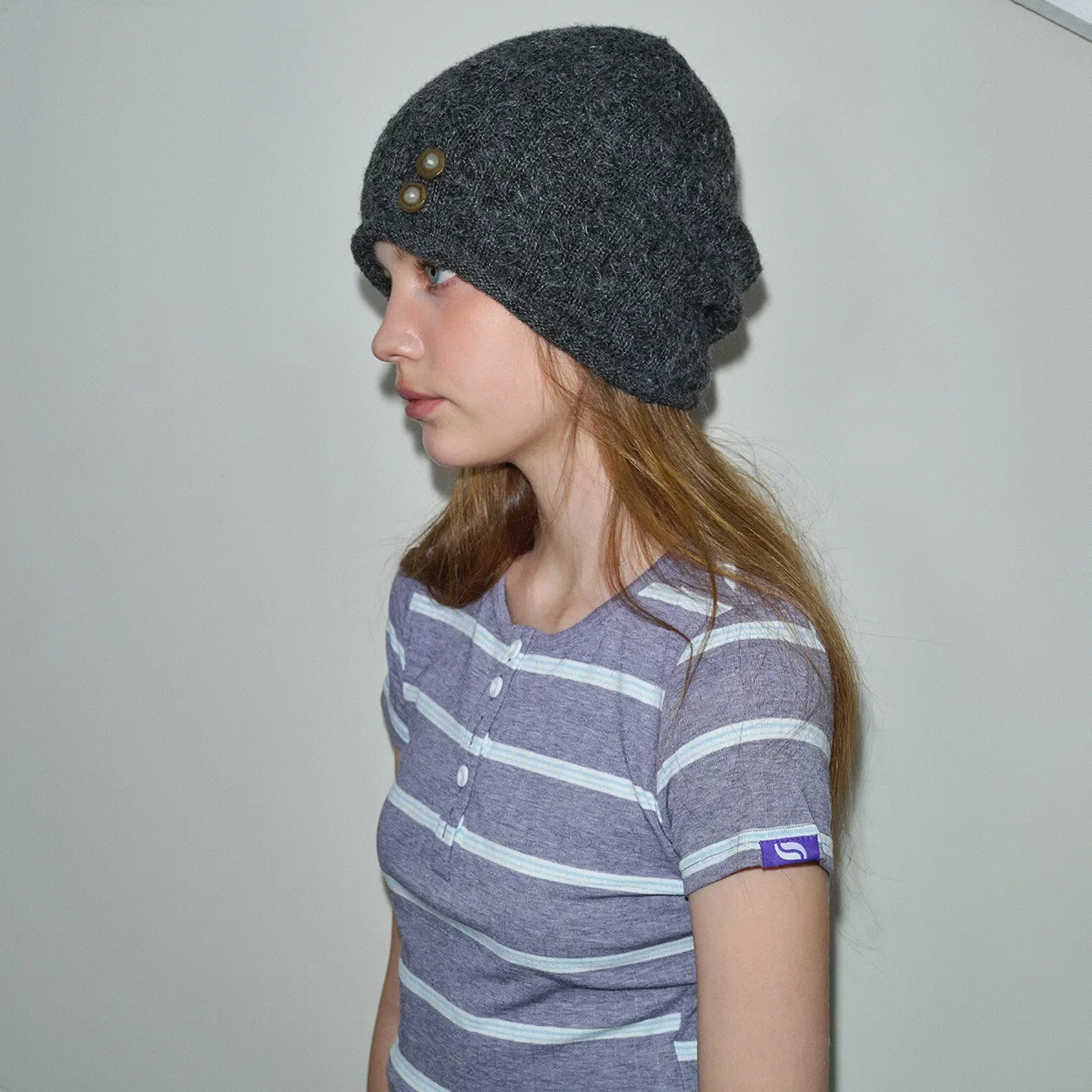 Designer Button Slouch Knit Beanie Soft Wool Blend Winter Warm Korean Style Hat Slim Face