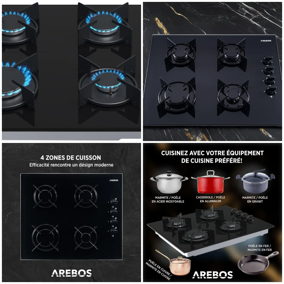 Arebos Placa de cocción de gas de 60 cm, 4 quemadores, vidrio templado, hierro fundido incorporado, soporta gas propano natural, encendido seguro