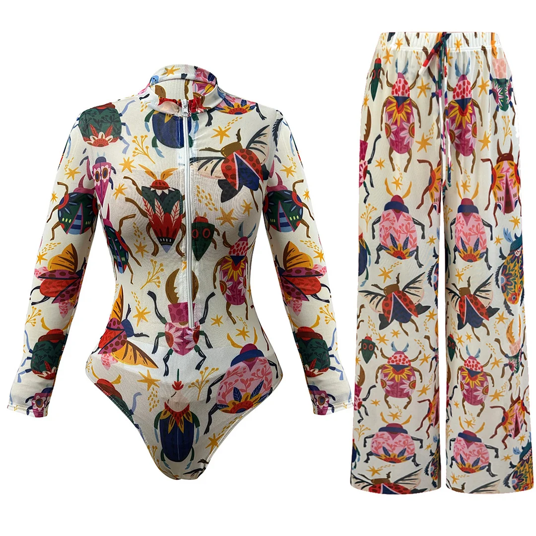 S - XXL Neuer, bedruckter, langärmliger Badeanzug mit Reißverschluss und Hose, einteiliger Badeanzug für Damen, gepolsterter Badeanzug, Badebekleidung, Badeanzug V8364 – Detail 2