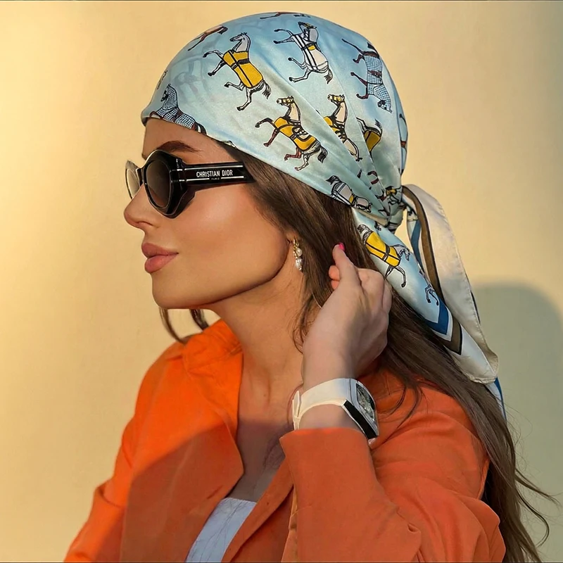 Neuer 70cm Damen-Haarschal, Seiden-Quadrat-Kopftuch für Frauen, Bandana, Modischer Foulard-Schal, Damen-Halstuch für den Sommer – Detail 5