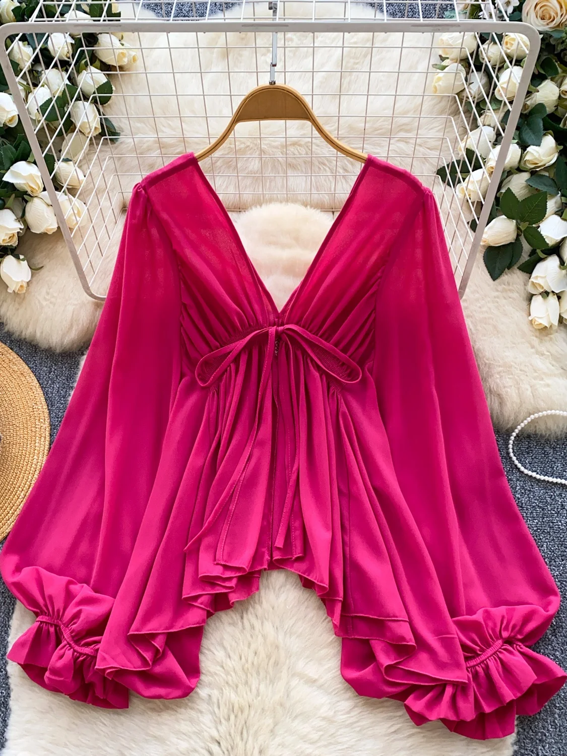 Vento suave sle v-ne lanterna sve fenda chiffon irt feminino solto ajuste fino outono faionable topo botão longo sve