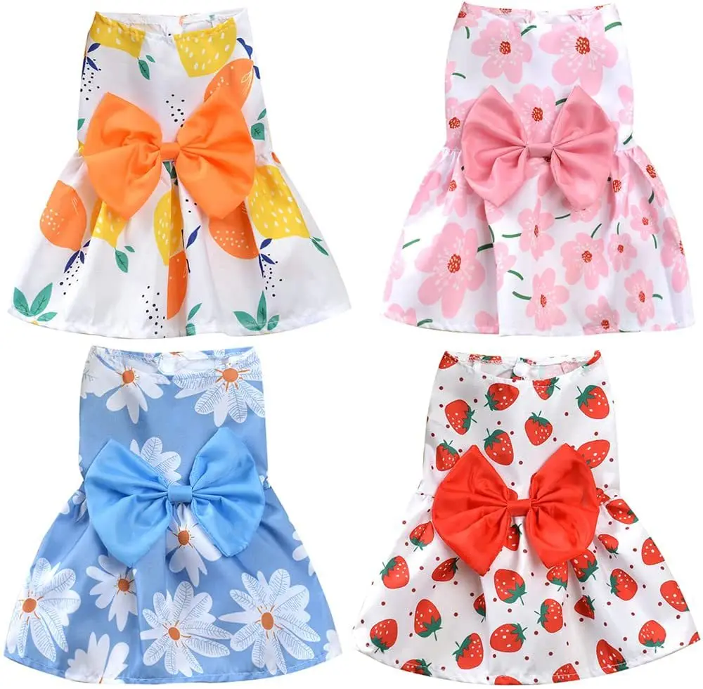 

Flower Printing Summer Dog Fancy Dresses, Big Bow Tie Breathable Clothes for Small Dogs, Pomeranian Pet, Cat Skirt