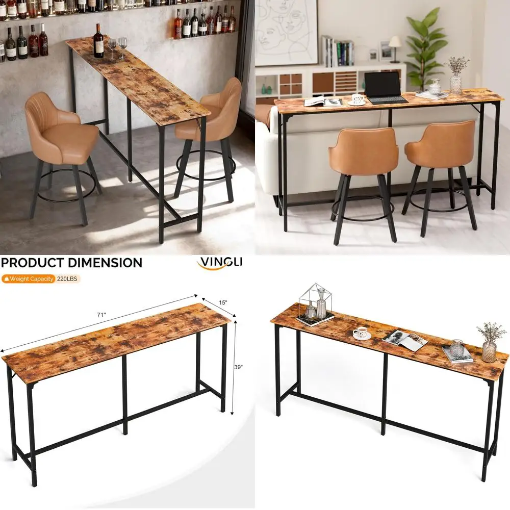 

71 High Wooden Counter Height Pub Table, Narrow Rectangular Design, Multi-Purpose for Kitchen, Dining & Living Spaces, Brown