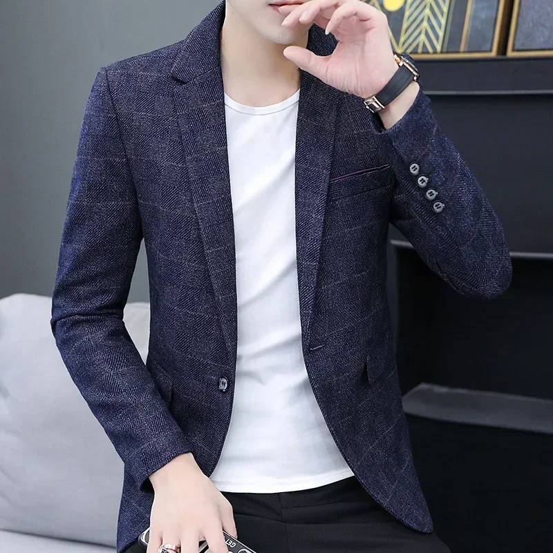 2023 Men's Plaid Canary Suit Jacket Korean Wave Version Slim Fit Smart Casual  Four Seasons  Polyester  Blazers Single Breasted