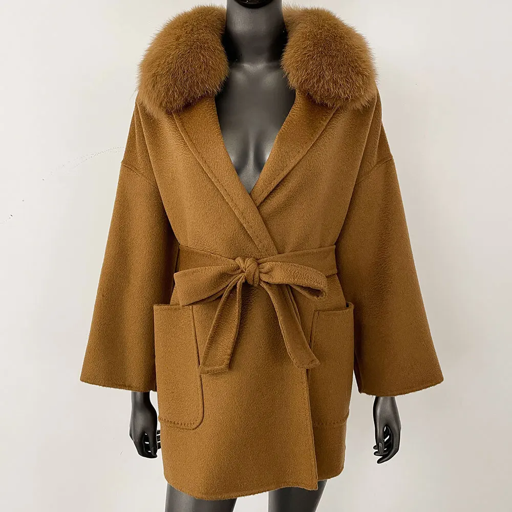معطف فرو الراكون الطبيعي الإناث الخريف معطف فرو الثعلب الحقيقي جديد الصوف المخلوطة معطف المرأة الشتاء الكشمير الدافئة الصوف سترة سيدة #1