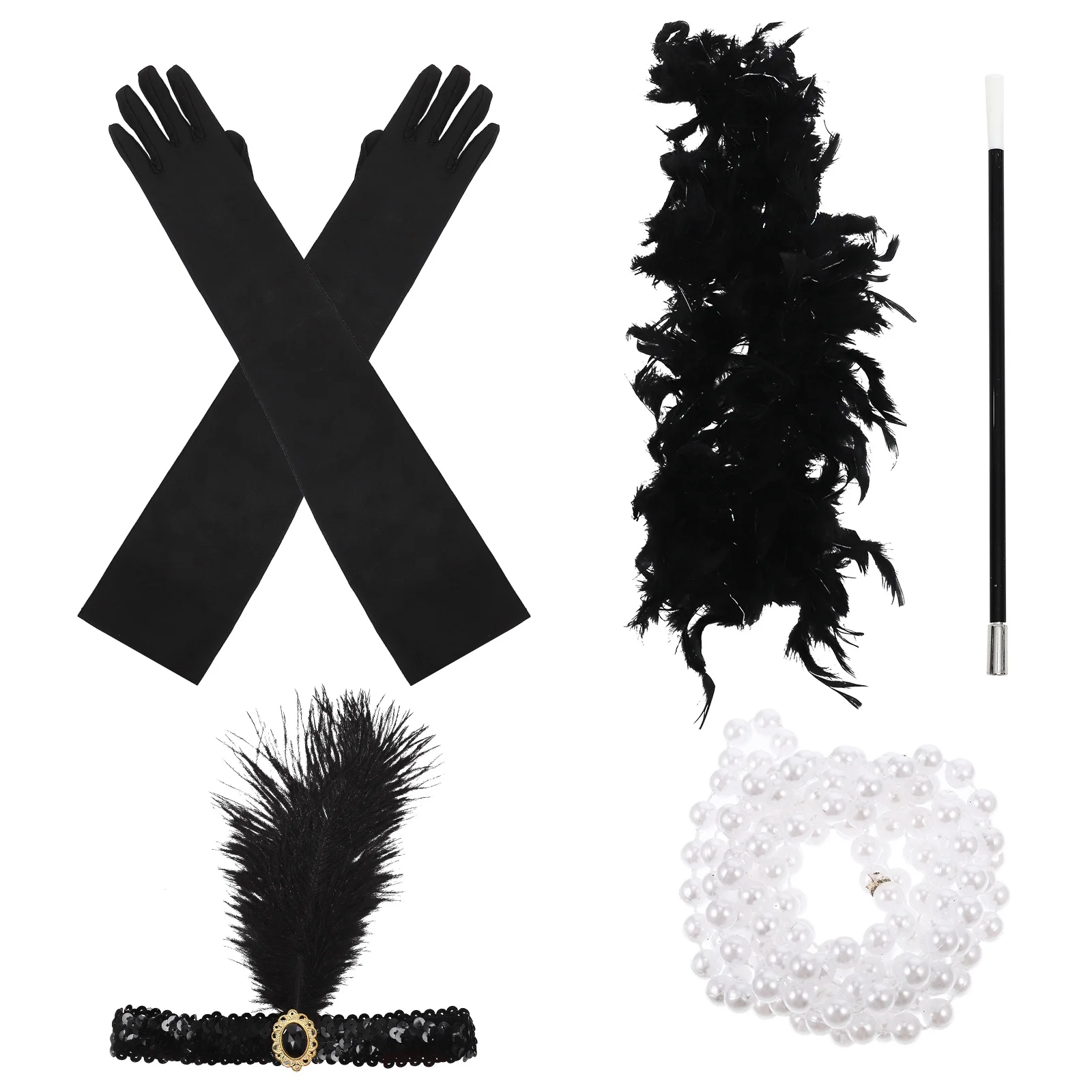 

1 Set Rhinestone Headband Set 1920S Accessories For Women Flapper Cosplay Party Costume Gloves Necklace Cigarette Holder Scarf