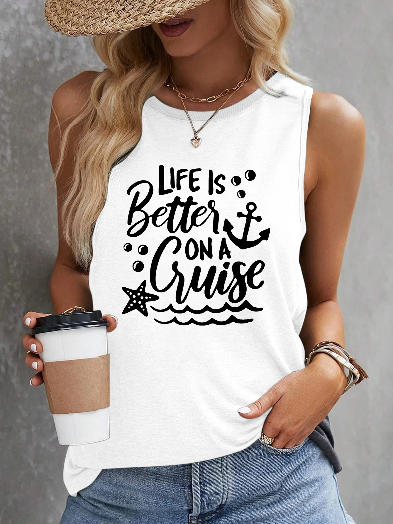 Anchor Print Tank Top Sleeveless Casual Top For Summer & Spring  Women's Clothing