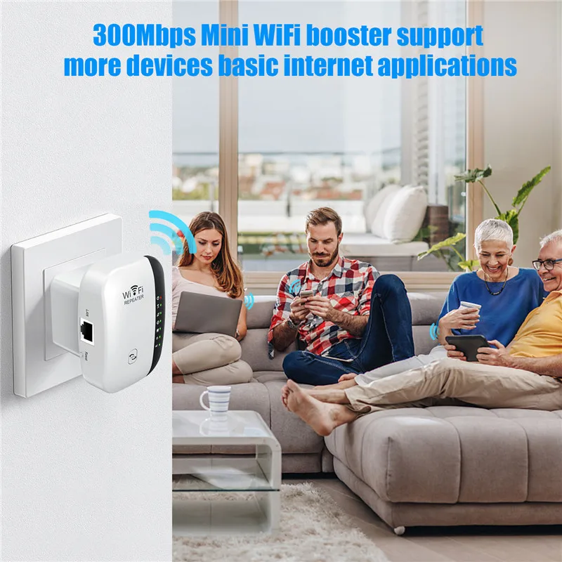 300Mbps WiFi Repeater High-Speed Expansion WiFi Signal Booster Built-in Antenna Repeater & Extender for Stable Wall-Penetrating