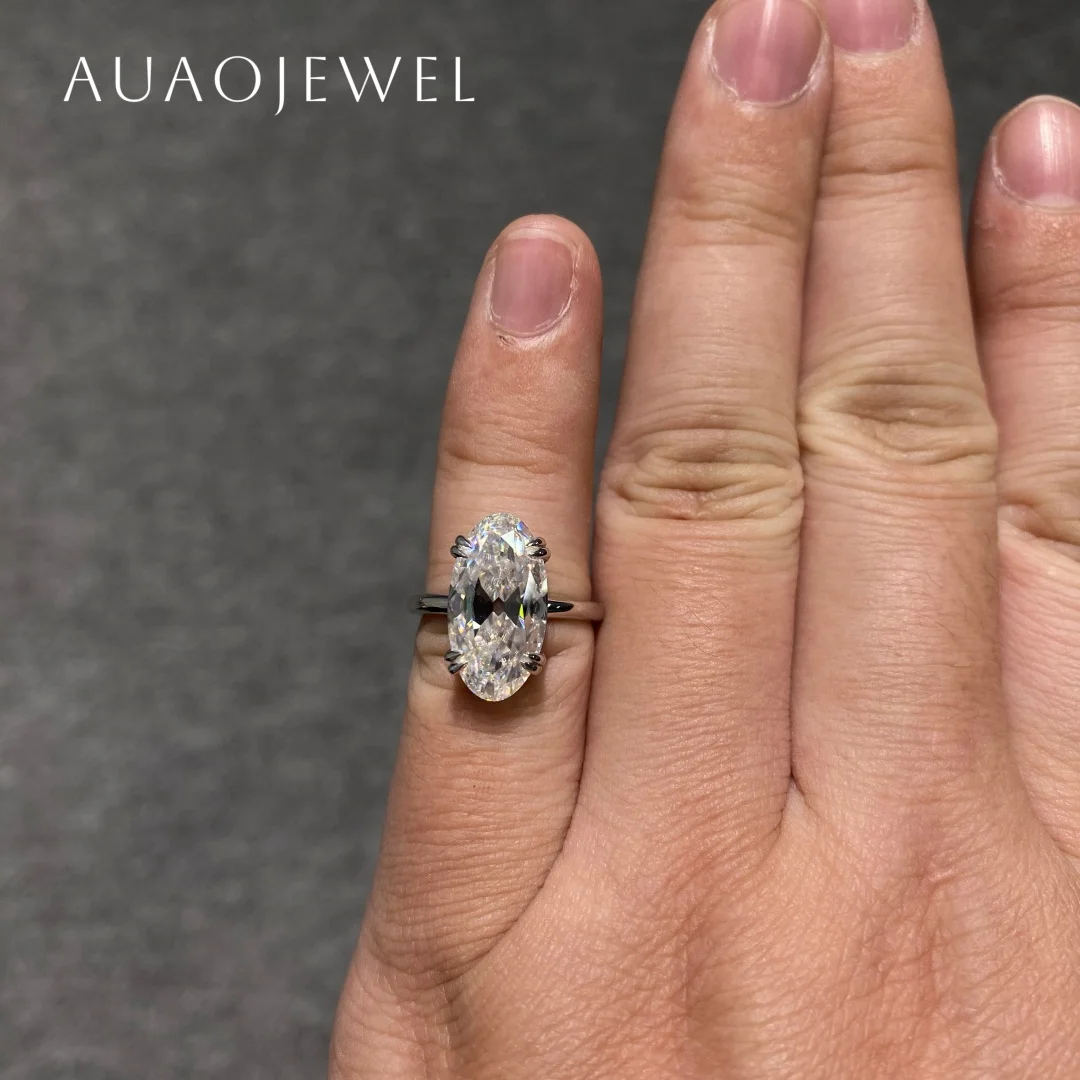 AUAOJEWEL Oval Moissanite Fashion Ring 5.9Carat 8X15Mm Stone Double Claw Luxury Designer Jewelry 925 Silver 18K 14K 9K 10K Gold