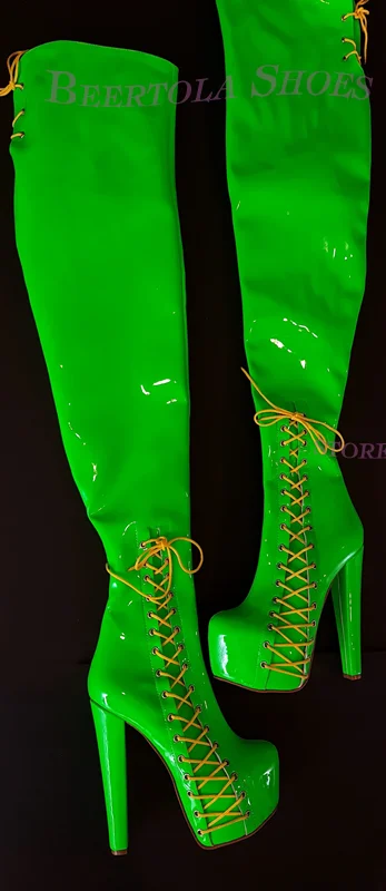 Green Bright Low Platform Side Lace-Up Boot Women Round Stiletto Half Zip Sexy Girl Cool Metallic Glitter Summer Pole Dance Shoe