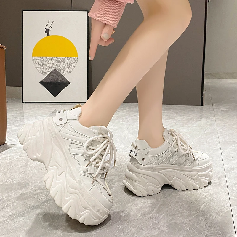 Women Winter Platform Leather Sneakers Warm Plush Cotton Shoes Tennis 8CM Wedge Heels Lace-up Chunky Dad Fur Shoes Woman Mujer