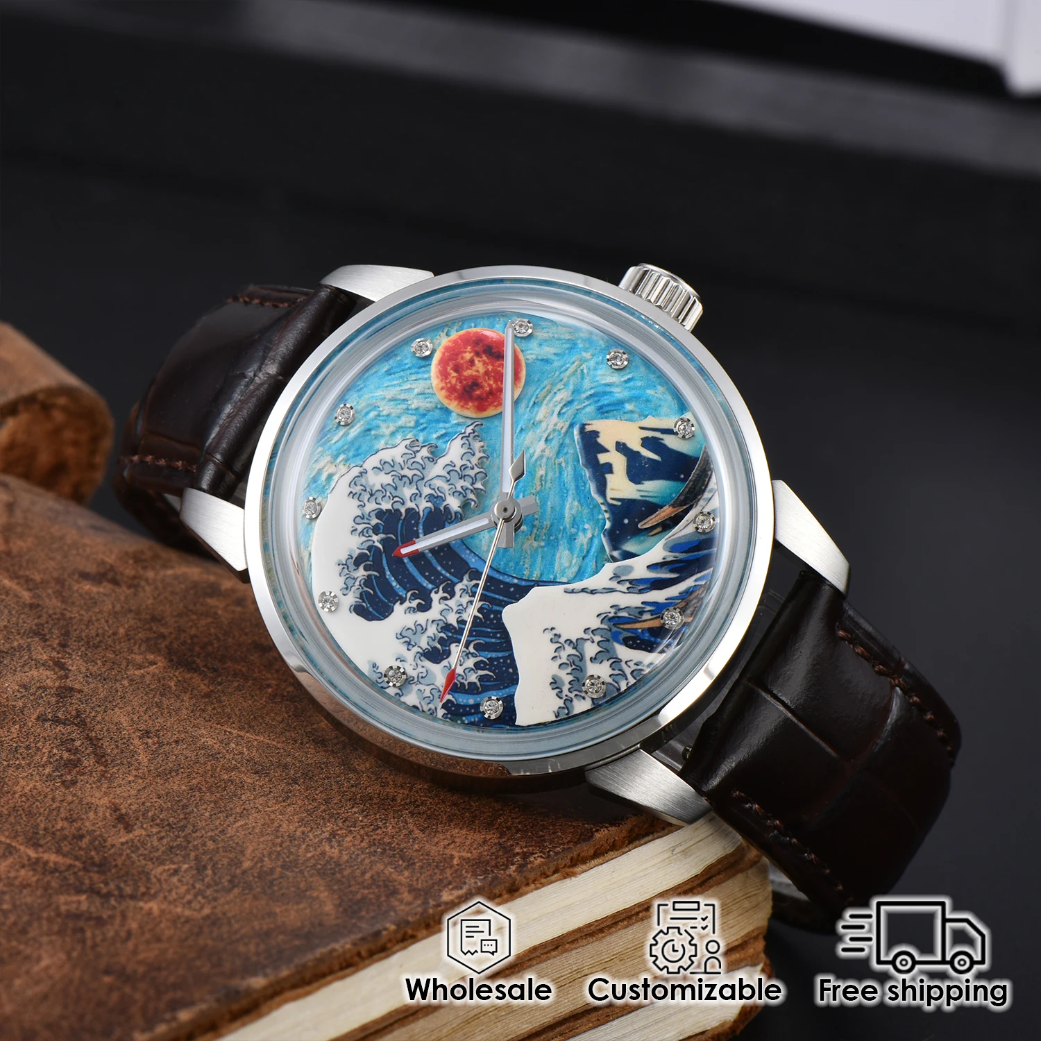 Orologio da uomo personalizzato da 42 mm MIYOTA8215 movimento meccanico automatico Orologio da uomo con quadrante completamente luminoso elemento Kanagawa
