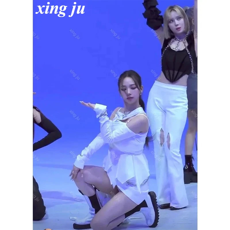 ใหม่Kpopผู้หญิงเกาหลีกลุ่มแจ๊สDancewearสีขาวสลิงCrop Topเลดี้เซ็กซี่เต้นรํากระโปรงไนท์คลับDJชุดหญิงเครื่องแต่งกายเวที