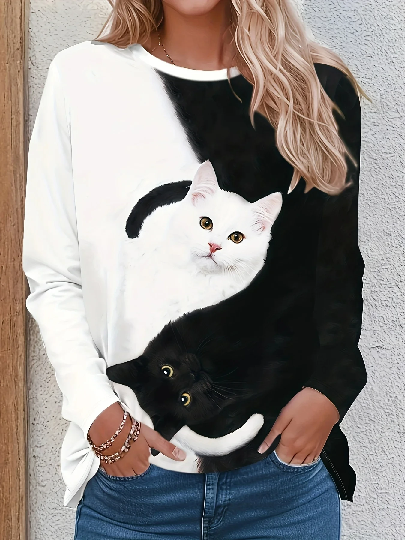 Women\'s Fashion Tops 3D Cat Print Casual T-Shirt Loose Sleeve Long Sleeve Round Neck T-Shirt Women\'s Harajuku Top