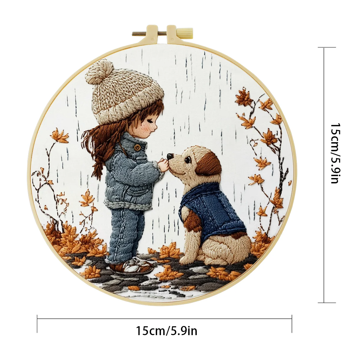 1 Stück 20X20CM/15X15CM 7,87/6,3 Zoll Stickerei-Starter-Kit DIY-Kit Heimdekoration, Das Muster zeigt ein Mädchen und einen Welpen, Stickerei K – Detail 4